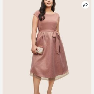 BloomChic Plus Size Textured Mesh Patchwork Belted Boat Neck Dress